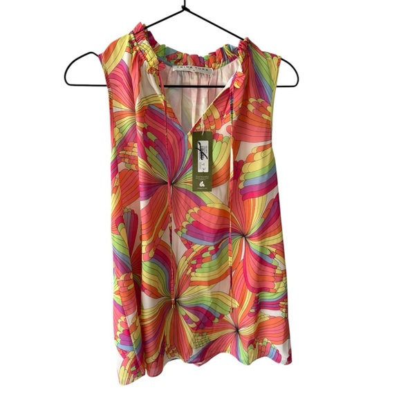 Trina Turk‎ Verbenia Sleeveless Abstract-Print Ruffle Top Medium Pink Orange - Picture 3 of 7